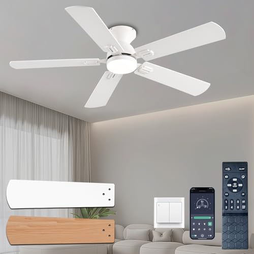 KNUN 52 inch Ceiling Fans with Lights, White Low Profile Ceiling Fan with Remote Control and App, Double-sided Fan Blades, 3CCT Dimmable LED, Noiseless, Flush Mount Ceiling Fan for Bedroom, Patio