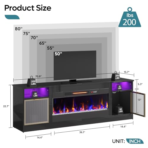 Bestier 70 Inch Fireplace TV Stand for TVs up to 80", LED Entertainment Center with 36" Electric Fireplace, Modern High Gloss Media TV Console with Storage Cabinet for Living Room Bedroom, Black - Image 4