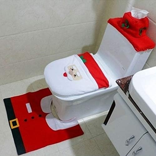 Generic Christmas Toilet Seat Cover Set with Smile Face Santa Design Soft Fabric Cloth Bathroom Mat and Toilet Lid Cover for Holiday Decoration (a) - 5