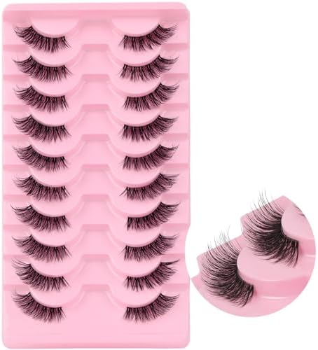 Ahrikiss Half Lashes Natural Look 10 Pairs Wispy Cat Eye Lashes 10mm 3D Fluffy False Eyelashes with Clear Band Short Half Eyelashes (TB02)