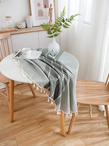 Heavy Weight Cotton Linen Tablecloth - Round 60 Inch Tablecloth - Tassel Stitching Table Cover For Kitchen Dining Room Tabletop Decoration - Gray #TOP5