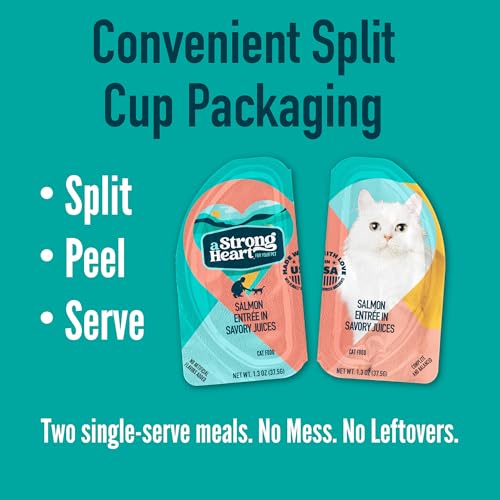 Image of A Strong Heart Split Cup Wet Cat Food, Salmon Entree - 2.6 oz Split Cups, 20 Servings (Pack of 10), Made in The USA with Real Salmon & Poultry