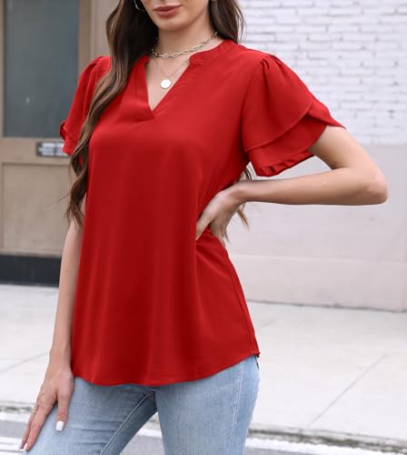 Halife Women's Puff Petal Short Sleeve Summer Blouses V Neck Chiffon Dressy Casual Work Tops Shirts3