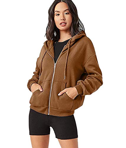 Floerns Women's Casual Long Sleeve Zip Up Drawstring Sweatshirt Hoodie Jacket With Pockets A Coffee Brown L #TOP15