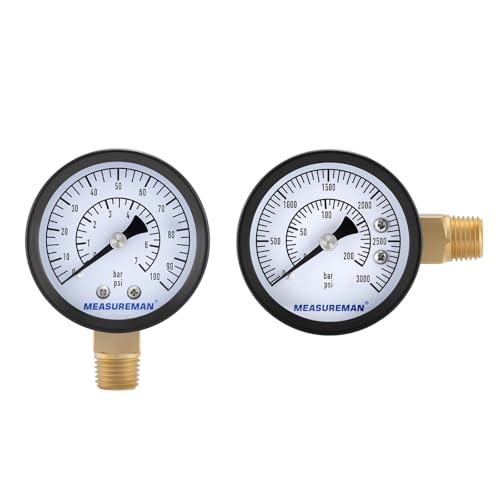 MEASUREMAN CO2 Regulator Gauge Set for Beer Kegs, 0-100/3000 PSI,2Pc, Dual Scale, Bar/PSI, 2’’ Dial, 1/4’’ NPT, Black Iron Case, Aluminum Pointer, Durable Brass Internal Components