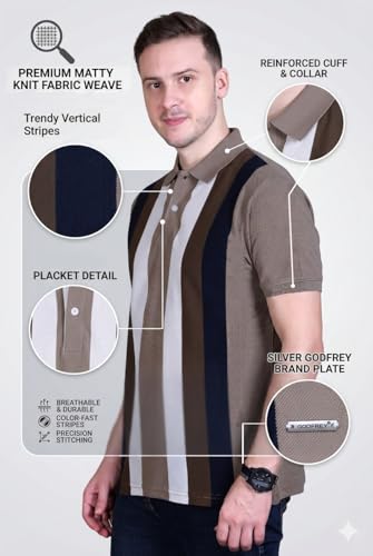 Image of GODFREY Striped Tshirt Shirts Men Cotton Polo T Shirt for Man with Pocket - Regular Fit Half Sleeve Collar T Shirts for Men