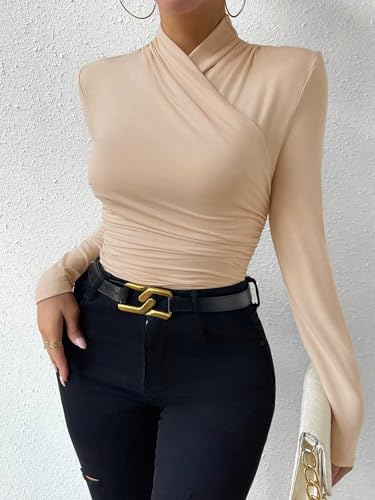 Image of SweatyRocks Women's Ruched Mock Neck Long Sleeve T Shirt Solid Slim Fitted Tee Tops