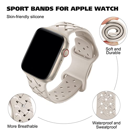Image of Silicone Braided Weave Bands Compatible with Apple Watch 38mm 40mm 41mm 42mm 44mm 46mm 45mm 49mm, Replacement Sport Breathable Strap for iWatch Series 11 /10 /9 /8 /7 /6 /5 /4 /3 /2 /1 Ultra SE Women Men, Starlight
