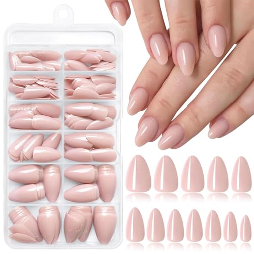 LunarCharm 240 piezas de uñas postizas en forma de almendra para pegar, uñas postizas cortas de acrílico, cobertura total, para mujeres y niñas, 12 tamaños, nude