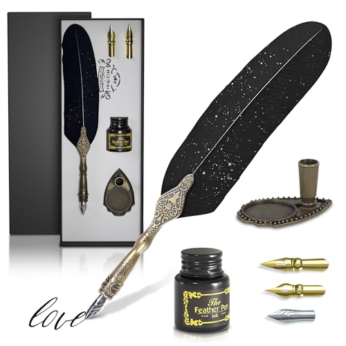 Black Feather Quill Pen and Ink Set – Feather Pen and Ink Set with Stainless Steel Nib & Stand for Practice, Drawing, Signatures & Vintage Decor – Designed for Calligraphy Beginners, Authors & Writers