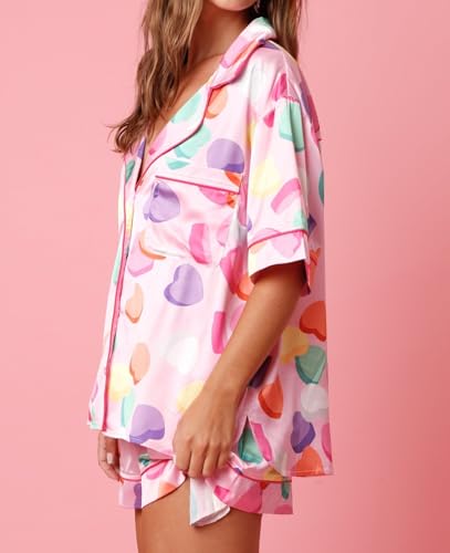 Image of Yiulangde Cute Silk Satin Pajama Set Preppy Pjs Shorts Y2k Floral 2 Piece Pajamas Sets for Women Button Down Lounge Shirt Set
