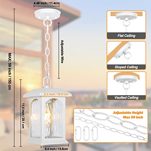 White Outdoor Pendant Light Fixture - Adjustable Exterior Hanging Light Fixtures, Waterproof Porch Light With Rippled Glass, Modern Outside Chandelier For Gazebo, Front Door, Patio, Anti-Rust #TOP1