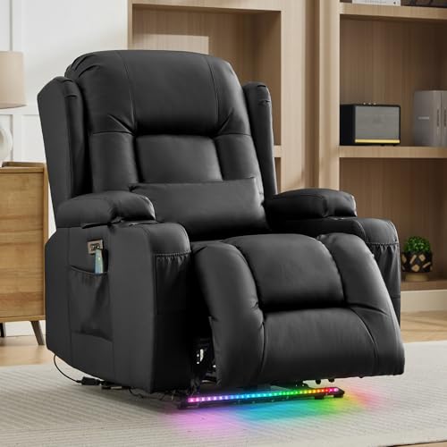 IPKIG Power Recliner Chair for Adults, Wall Hugger RV Recliners with LED Lights/USB Ports/Pillow/Side Pockets, Overstuffed Electric Recliner Sofa Chair for Living Room, Home Theater (1, Black)