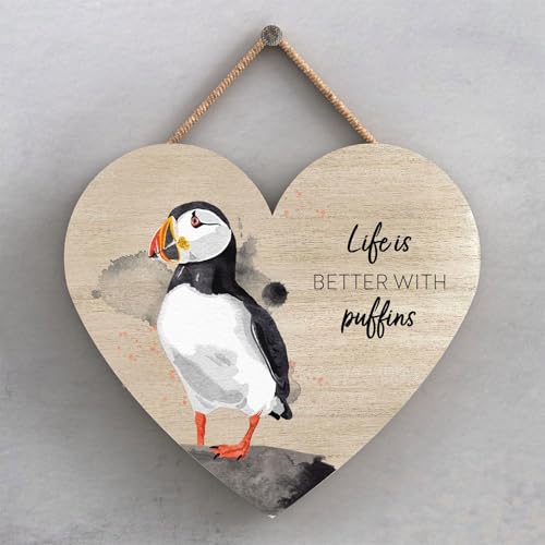 Global Designs Life Is Better with Puffins Watercolour Artwork Decorative Wooden Heart Plaque Wall Art