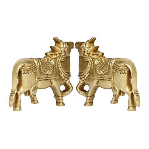 Image of Brass Cow Wall Hanging Vastu Gau MATA Idol, Kamdhenu Cow Pair Nandi (Gold Color 5x4 Inch)
