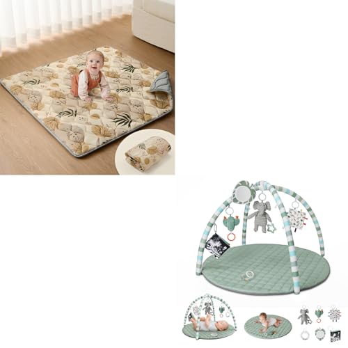 Image of Blissful Diary 43x43 Playpen Mat Earth Tones Design + Sage Green Baby Play Gym Mat