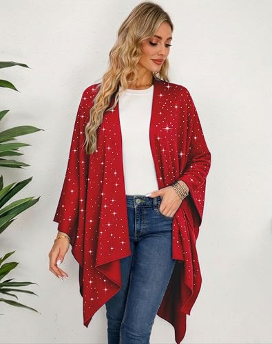 Image of Womens Rhinestones Open Front Poncho Shawl Wrap Cape Ruana Travel Blanket Cardigan