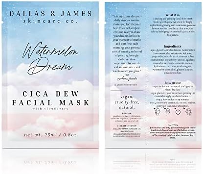 Dallas & James Skincare Co. Watermelon Dream Cica Dew Facial Mask: Hydrating Sheet Mask, Calming & Cooling, for Instant Glowing Skin