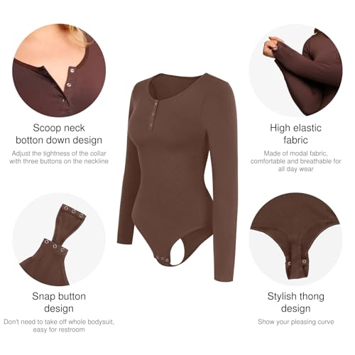 Image of Popilush Long Sleeve Shapewear Bodysuit Tummy Control Henley Button Up Modal Scoop Neck Body Suit Tank Tops