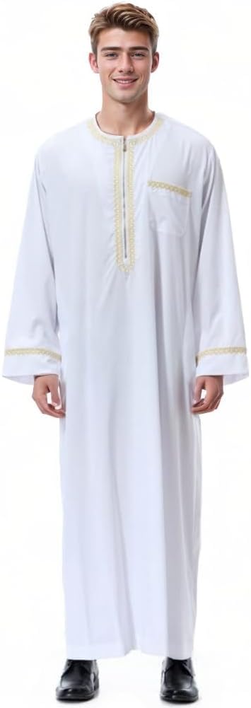 Kaftan Uomo Abbigliamento Arabo Con Abbottonatura Completa – Thobe Lungo, Tasche, Collo Alto, Abito Da Preghiera Islamico, Medio Oriente, Fit Universale