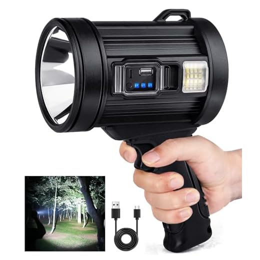 LBE Rechargeable Spotlight, 900000 Lumens Solar Flashlight Led Spot Light Outdoor Handheld with Cob Light, 9600mAh 4 Color 6 Modes Portable Spotlight Flashlight for Hunting Boating Marine