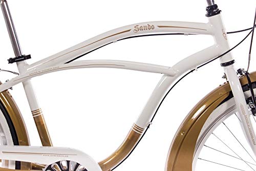 CHRISSON 26 Zoll Beachcruiser Sando Weiss Gold mit 6 Gang Shimano Tourney Kettenschaltung, Damenfahrrad, Herrenfahrrad im Retro Look, Vintage Cruiser Bike