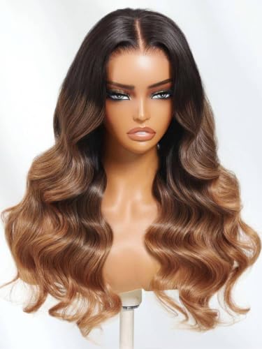 Image of Beauty Forever Pre Everything Glueless Front Black to Caramel Blonde Ombre Brown Body Wave Human Hair Drawstring Wig Pre Plucked Pre Cut 13x4 Loose Wave Bye Bye Knots Ready to Wear Frontal Wig 16inch