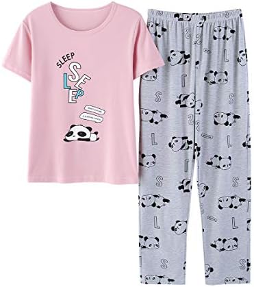 Big Girls Pajamas Set Short T-shirt and Long Pant Cartoon Sleepwear Cute PJS for Teen Kids Size 12 14 16 (12, Pink)