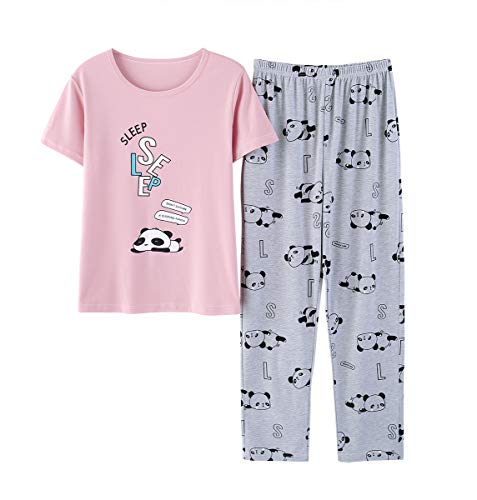 Big Girls Pajamas Set Short T-Shirt And Long Pant Cartoon Sleepwear Cute Pjs For Teen Kids Size 12 14 16 (12, Pink) #TOP19
