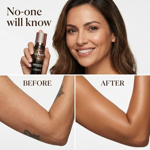 LUMINESS Transfer Resistant Airbrush Body Coverage Perfector/w Kabuki Brush - Tattoo Cover Up Makeup Waterproof Full Coverage Foundation for Leg and Body, Bronzer & Tattoo Concealer, 18-Hour Wear