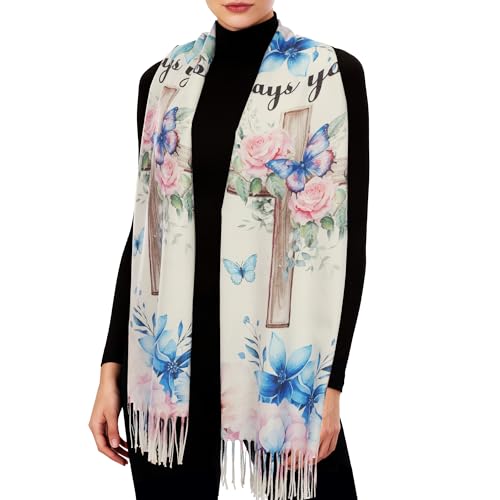 Riletese Prayer Shawls For Women Religious Christian Gifts Grandma Mom Inspirational Bible Pashmina Scarf Wrap (Flowers Butterfly Blue Red)
