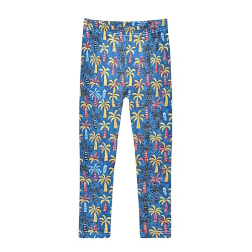 senya Girls Printed Leggings Yoga Pants Blue Colorful Palm Trees for Kids in 4t to 10 Years, 4T