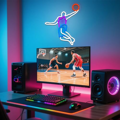 Image of Basketball Neon Sign for Wall Decor Dimmable Neon Basketball Led Light for Bedroom Play Room Man Cave Sports Fan Gifts