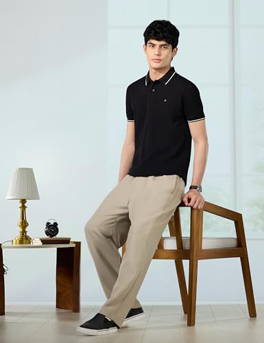 Image of Louis Philippe Men's Slim Fit Single-Tuck Pique Stylized Sleeve Print and Contrast Tipping Half Sleeve Solid Polo Tshirt