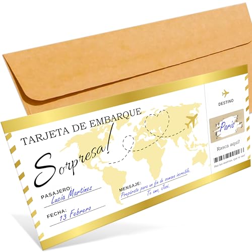 Cheerset - Regalo viaje sorpresa - Tarjeta viaje sorpresa - Tarjeta rasca regalos para viajeros tarjeta embarque regalo personalizable - Regalo pareja, Regalo romántico (1 unidad, Español)
