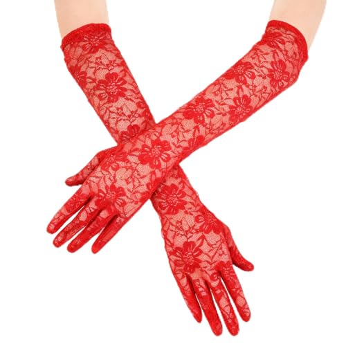Longs gants en dentelle rouge pour femme, style floral longueur coude, gants extensibles pour mariage, vintage pour fête, danse, costumes de mascarade