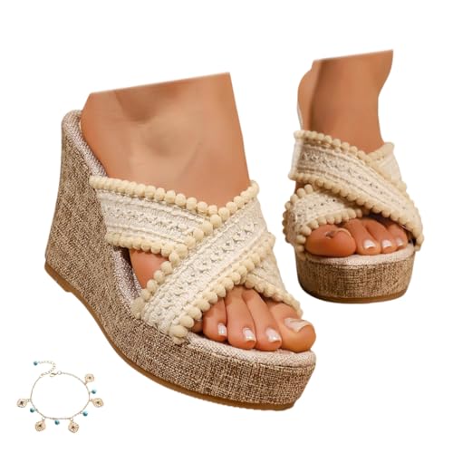 ,Beige,39 EU,Sandalias De Cuña Para Mujer, Zapatillas De Verano Con Plataforma Y Cuña Punta Abierta Tiras Cruzadas Diseño Sin Cordones Elegantes Zapatos Casuales Talla Grande Para Playa Diario