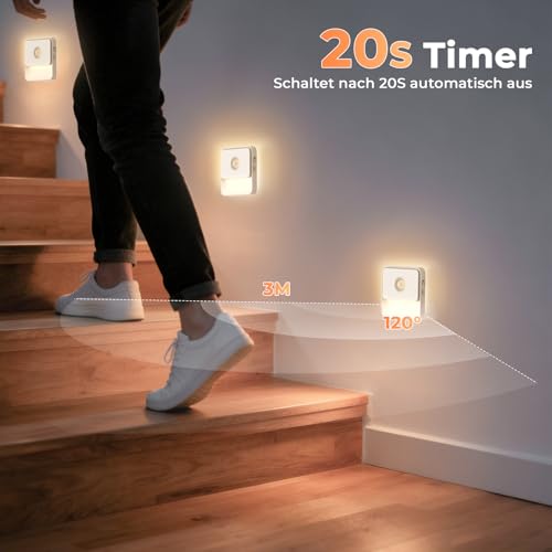 Nachtlicht mit Bewegungsmelder 2 Stück Aufladbar Akku LED Lampe mit Bewegungsmelder Innen Licht Dimmbar Helligkeit Warmweiß LED Nachtlampe Batterie Treppenlicht für Kinderzimmer, Gang, Treppe, Küche