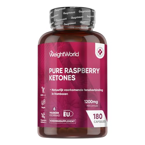 Raspberry Ketones Pure - 1200 mg frambozenextract per portie - Rijk aan ellaginezuur en bioflavonoïden - 180 vegan capsules voor 6 maanden voorraad - Gemaakt in de Europese Unie - WeightWorld