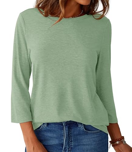GKBK Womens Tops 3/4 Sleeve Shirts Round Neck Casual Blouses Basic Loose Fit Pullover Tshirts Light_Green XL — view 6