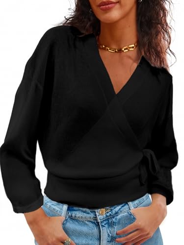 Women's Lightweight Wrap Sweater Pullovers V Neck Tops Tie Side Loose Fit Going Out Blouse4