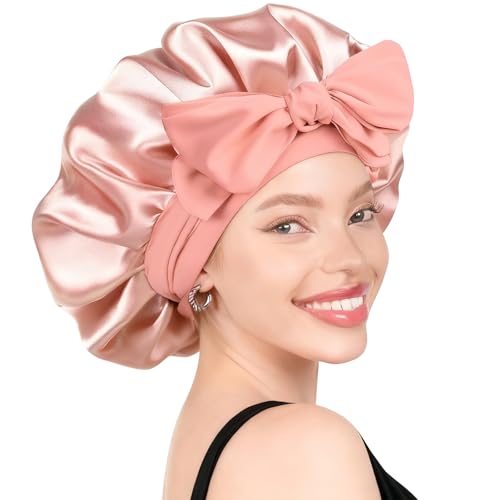 Uryxery Bonnet Soie Cheveux Nuit 42 cm Avec Lien Ajustable 58 cm, Bonnet De Nuit En Soie Pour Cheveux Longs Ou Bouclés, Coupe Large Et Tenue Stable (Rose)