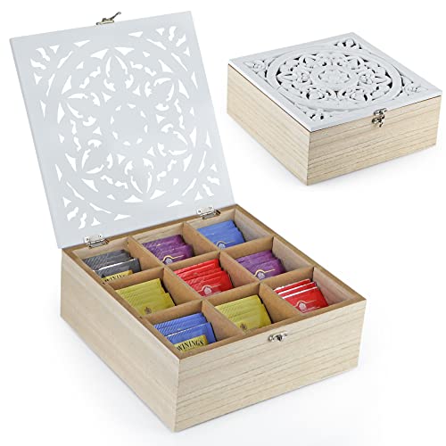 Moligou Wood Tea Bag Organizer, Tea Storage Box With Floral Pattern Lid, 9 Compartments, Tea Bag Holder For Cabinet, Pantry #TOP1