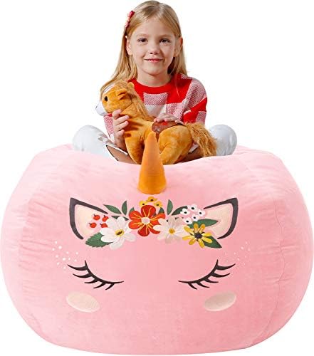 Aubliss Stuffed Animal Storage, Velvet Bean Bag Chairs Cover, X-Large 38" Ultra Soft Kids Toy Storage Organizer for Blankets Towels Clothes, Unicorn Pink Floral