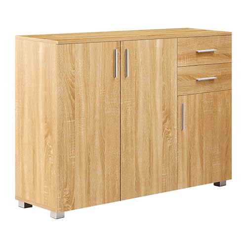 Brigros - Credenza Bassa Color Rovere Naturale 120x35x85,5 Cm con 3 Ante e 2 Cassetti Con Ripiani Interni, Mobile Cucina Salvaspazio In Legno Moderno Modello Astor