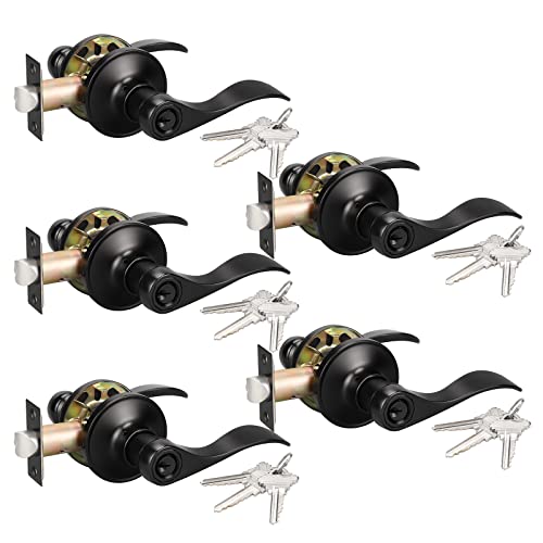 KNOBWELL 5 Pack Front Entry Door Handle Lock Set Drop Style Door Levers Keyed Entry Door Lock/Door Leverset Lockset for Interior/Exterior/Entrance Doors