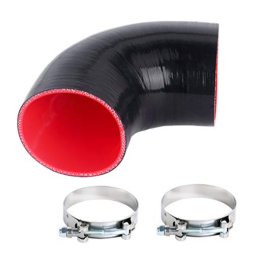 Hiwowsport 90 Degree Elbow 4-Ply Thickness 5mm High Performance Coupler Silicone Hose for Auto with 2PCS T-Bolt Clamp Black Color(ID:3.5