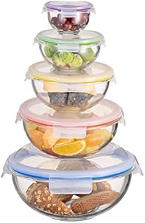 HOCHSTE Glass Mixing Bowls Food Storage Nested Bowls Set of 5 - Healthy Meal Prep Bowls with Dishwasher, Oven, Microwave & Freezer Friendly - Stackable, Anti Slip Salad Bowl Mixing & BPA Free
