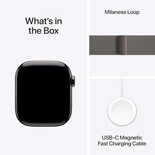 Image of Apple Watch Series 10 [GPS + Cellular 42 mm] Smartwatch with Slate Titanium Case with Slate Milanese Loop. Fitness Tracker, ECG App, Always-On Retina Display, Carbon Neutral