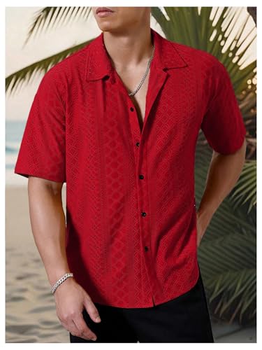 Men's Hollow Out Vacation Shirts Eyelet Embroidery Short Sleeve Button Up Beach Shirt4